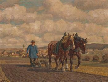 Farmer Tilling Soil With Plough Horse by 
																	Erich Zeyer