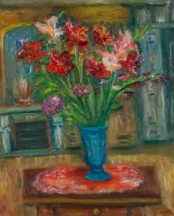 Red Flowers In Blue Vase by 
																	Jakub Zucker