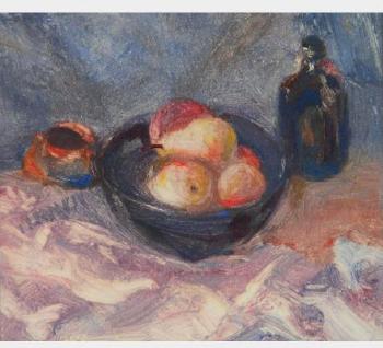 Bowl of Fruit with Bottle and Cup by 
																			Jules D Katzieff