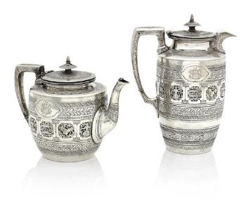 A Victorian Silver 'Zodiac Pattern' Teapot and Hot Water Pot by 
																	James Reid