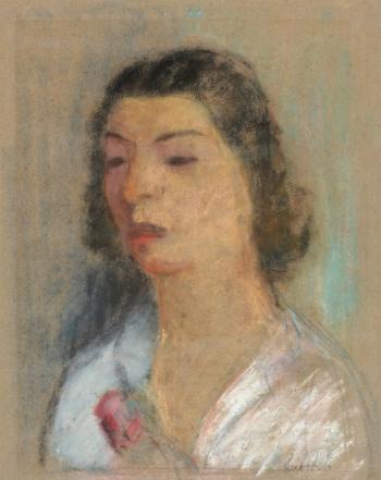 Bust Portrait Of A Young Woman With A Red Flower by 
																	Ossip Lubitch