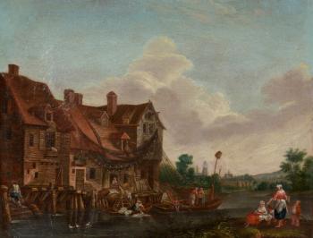 Fisher Cottages, with a walled town in the distance by 
																			Jean Pillement