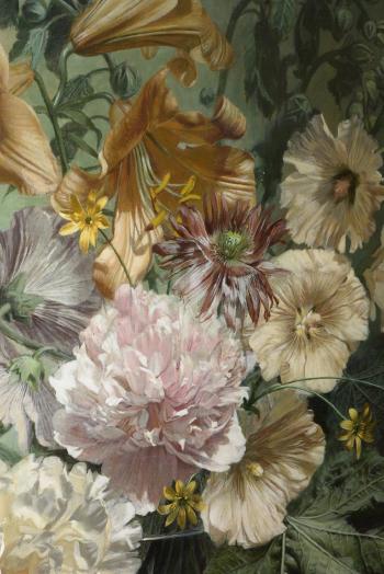 Hollyhocks, Peonies & Lilies On A Marble Ledge by 
																			Bennett Oates