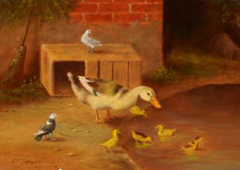 A Duck And Ducklings At A Pond by 
																			Edouard Jeanmaire