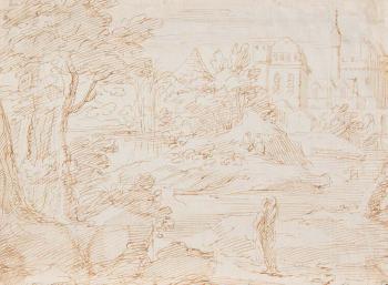 Un paysage italianisant avec deux figures au premier plan by 
																	Adrian van der Cabel