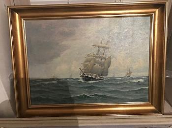 Seascape with sailing ship by 
																	Frants Landt