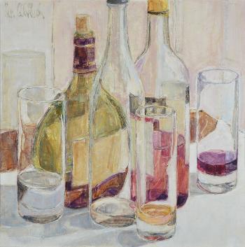 Still life with bottles and glasses by 
																	Christel Abresch