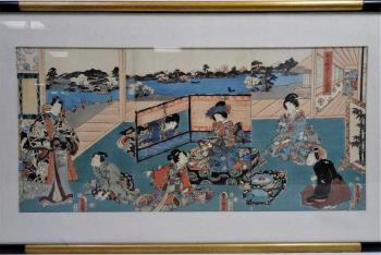 Geishas in Bathhouse Triptich by 
																			Utagawa Toyokuni