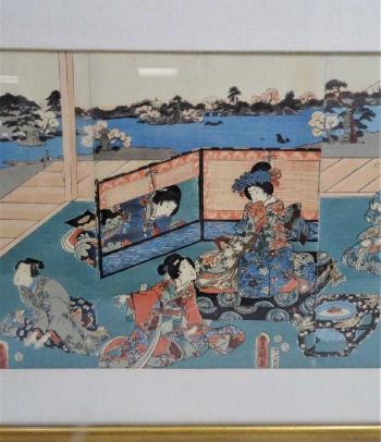 Geishas in Bathhouse Triptich by 
																			Utagawa Toyokuni