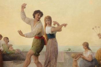 A young couple dancing on a coastal terrace by 
																			Edouard Alexandre Sain