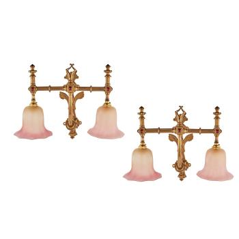 Pair Of Gothic Revival Brass And Jewelled Wall Lights by 
																	 Hart Son Peard & Co