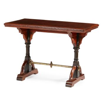 Gothic Revival Pitch Pine &Amp; Brass Mounted Jewelled Centre Table by 
																			 Hart Son Peard & Co