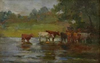Cattle at a watering-hole by 
																	Algernon Talmage
