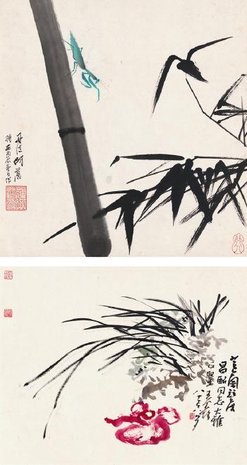 Bamboo And Mantis; Ganoderma And Orchid by 
																	 Wang Geyi