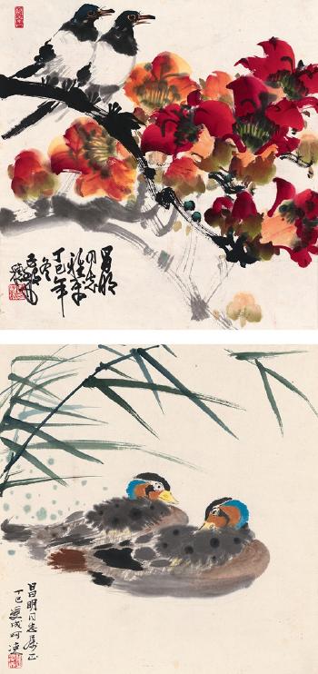 Flowers; Mandarin Ducks by 
																	 Qiu Shoucheng