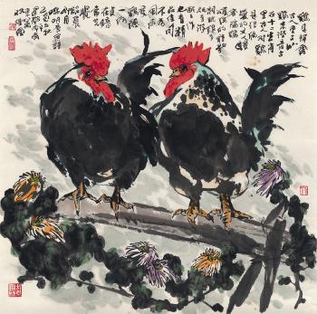Roosters By Fence by 
																	 Xu Changming