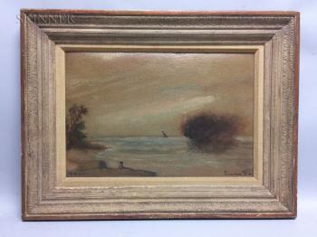 Shore View with Seated Figure and Distant Sailboat by 
																			Louis M Eilshemius