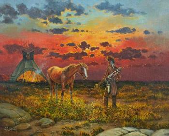 Native American man with a horse at sunset by 
																	Jorge Braun Tarallo