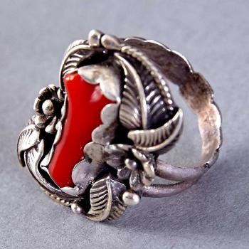 Sterling silver and coral ring; Sterling silver overlay ring (2); Silver overlay bird ring (3) by 
																			Beauford Dawahoya