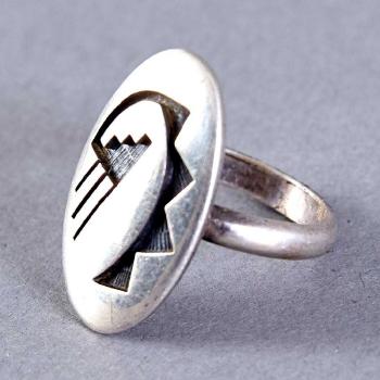 Sterling silver and coral ring; Sterling silver overlay ring (2); Silver overlay bird ring (3) by 
																			Beauford Dawahoya