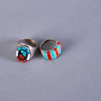 Sterling silver and multi-stone inlay ring; Sterling silver, turquoise, and coral ring by 
																			Tom David