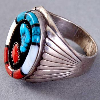 Sterling silver and multi-stone inlay ring; Sterling silver, turquoise, and coral ring by 
																			Tom David