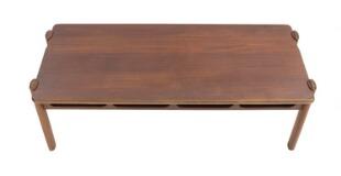 Teak and oak wall unit with four adjustable teak shelves, oak sides with brass fittings. by 
																			 Mikael Laursen