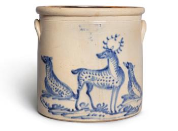 Fine And Rare Cobalt-blue-decorated Stoneware Two-handled Six-gallon Stag And Does Crock, Haxton, Ottman & Company, Fort Edward, New York by 
																	 Ottman & Company