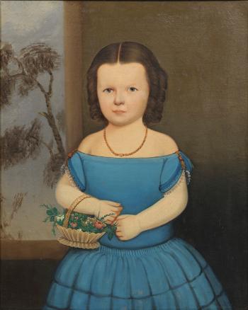 Portrait Of A Young Girl In A Blue Dress With A Basket Of Flowers by 
																	 Prior-Hamblin School