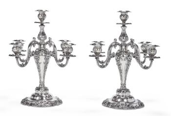 A Pair Of American Silver Five-light Candelabra, Reed & Barton, Taunton, Ma, Early 20th Century by 
																	 Reed & Barton
