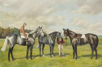 Two Greys And A Bay With Their Trainers In A Paddock by 
																	Leesa Sandys-Lumsdaine