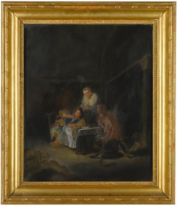 Interior scene with a peasant family and a satyr seated at a table by 
																	Archduke Rudolf of Austria