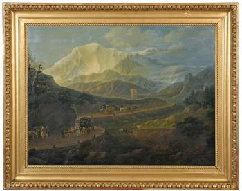 An Alpine landscape with travellers by 
																	Franz Jaschke