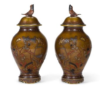 A pair of Japanse inlaid bronze vases and covers by 
																	Jomi Eisuke II