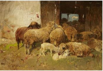 Kleine Schafherde Vor Einem Stall by 
																	Heinrich von Zugel