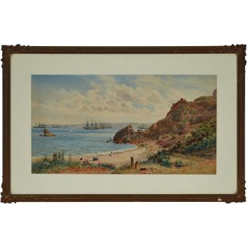 Coastal View With Tall Ships And Figures On The Coast (Possibly A View Across Torbay To Brixham In The Distance) by 
																			John William Salter