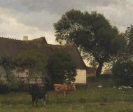 Scenery With A Couple Of Cows Near A Thatched House by 
																			Niels Skovgaard