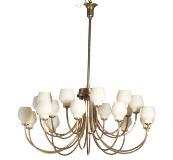 Large Brass Chandelier, 20 Arms With Opal Glass Shades by 
																			 Fog & Morup