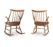 A Pair Of Stained Beech Rocking Chairs by 
																			Illum Wikkelso