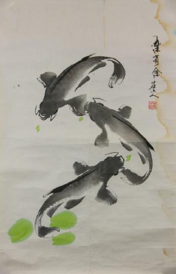 Three Catfish Swimming in Pond by 
																			 Zhuang Shanren
