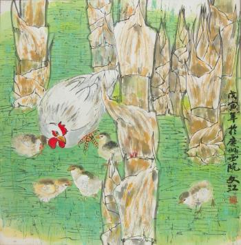 A Hen and Five Chicks in Bamboo Grove by 
																			Shen Wenjiang