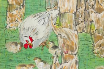 A Hen and Five Chicks in Bamboo Grove by 
																			Shen Wenjiang