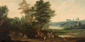 Cavaliers et marcheurs à la croisée des chemins dans un paysage lacustre by 
																			Jan Peeter Verdussen
