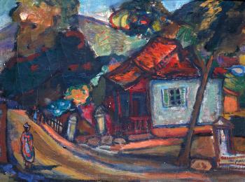 Female figure in front of a house by 
																	Avraham Naton