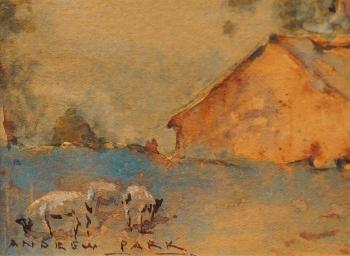 Sunset, Sheep Grazing Near A Farmhouse by 
																			Andrew Park