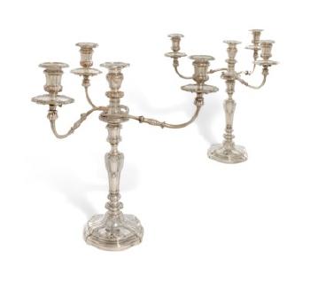 A Pair of George III Silver Candlesticks With Four-light Old Sheffield Plate Branches en Suite by 
																	 John Roberts & Co