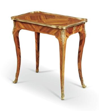A Louis XV Ormolu-mounted Bois Satine, Kingwood, Amaranth and Mahogany Marquetry Table a Ecrire by 
																	Roger Vandercruse