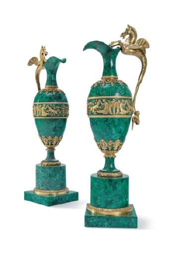 A Pair Of Empire Ormolu-mounted Malachite Ewers by 
																	Claude Galle
