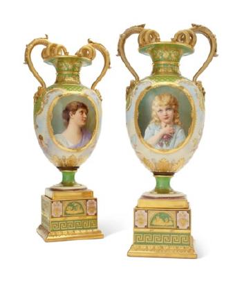 A Pair Of Vienna Style Porcelain Double Portrait Vases On Fixed Stands by 
																	 Davis Collamore & Co