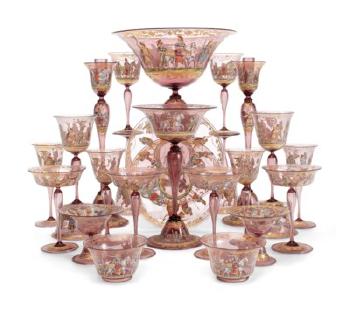 A Venetian (Salviati) Enameled Amethyst Glass Part Table Service by 
																	 Salviati